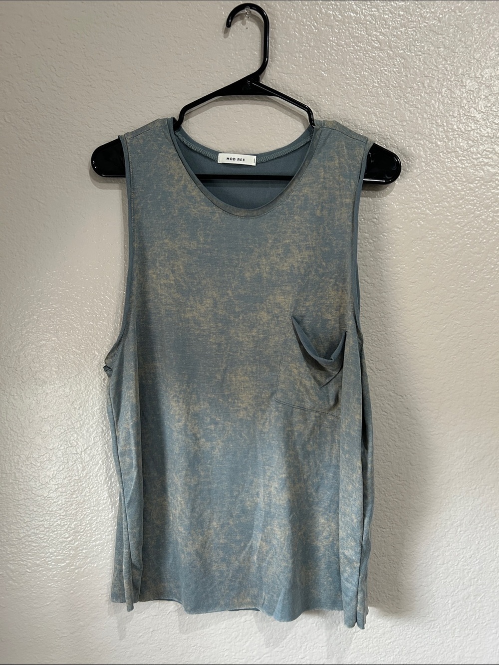 Mod Ref Womens Washed Blue Tank with Cream Distressing Sleeves Sz L Casual Chic